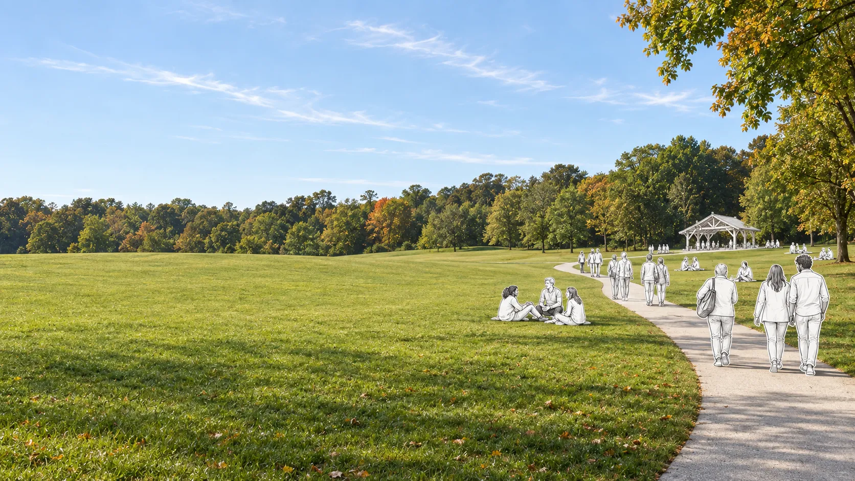 A wide park meadow where sketched paper figures walk a winding path toward a small pavilion, while others sit together on the grass.