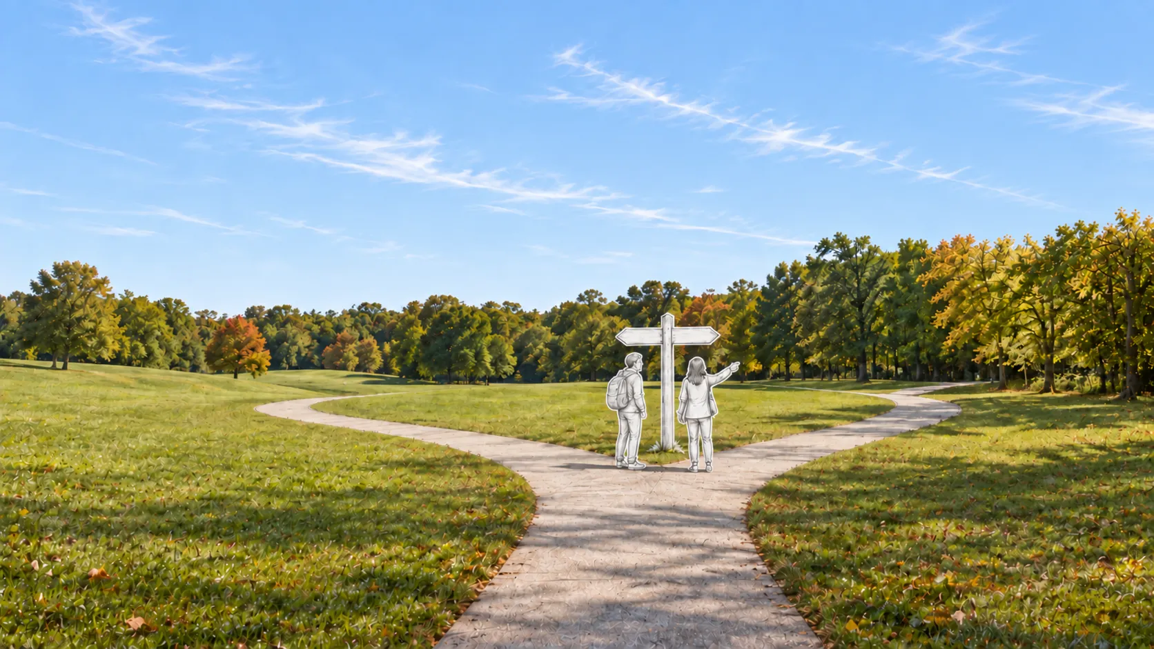 Two sketched figures pause at a signpost where a park path divides in two, one pointing down a branch.