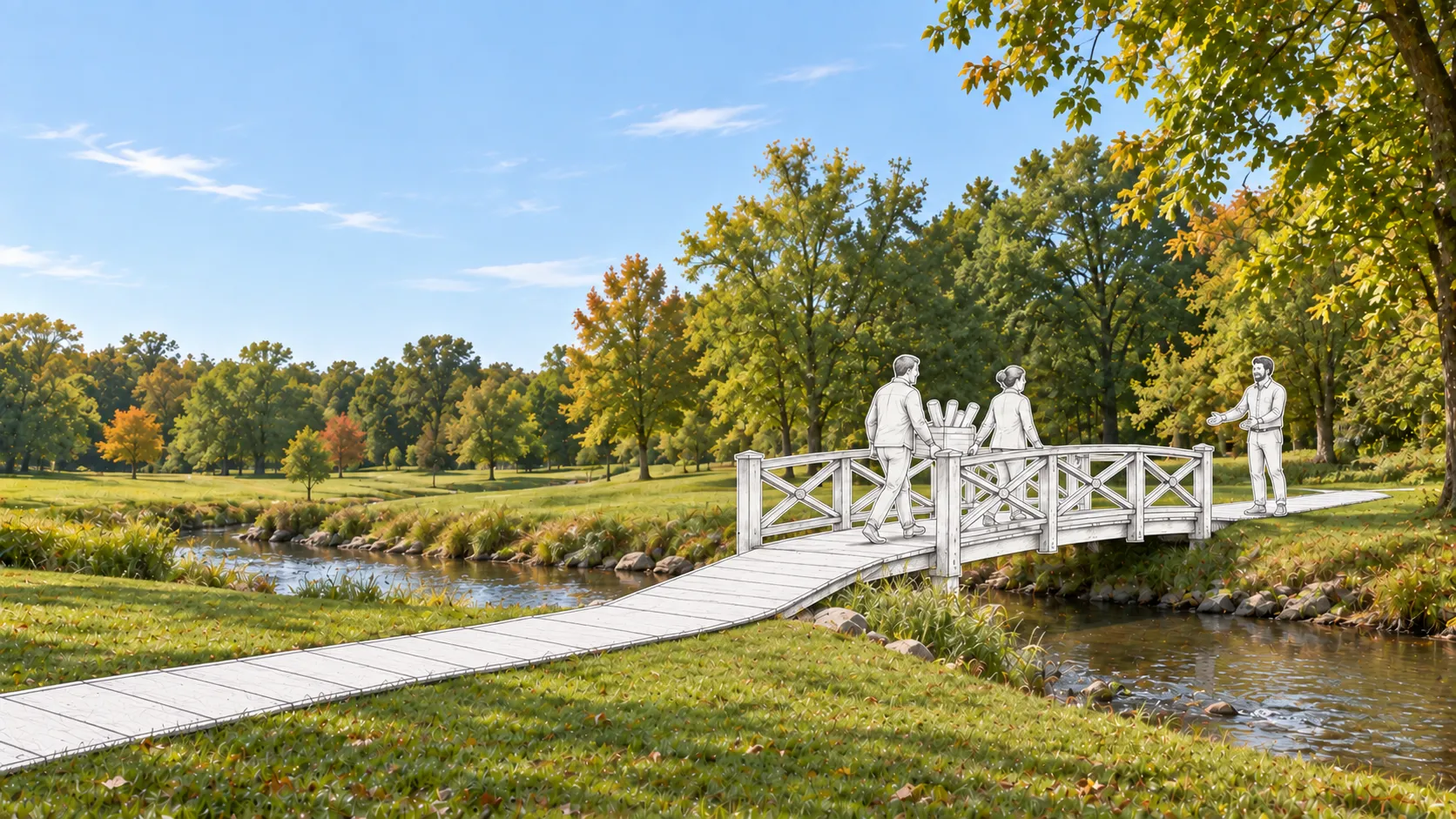 Sketched figures carry rolled plans and a crate across a timber footbridge toward a colleague waiting on the far bank.