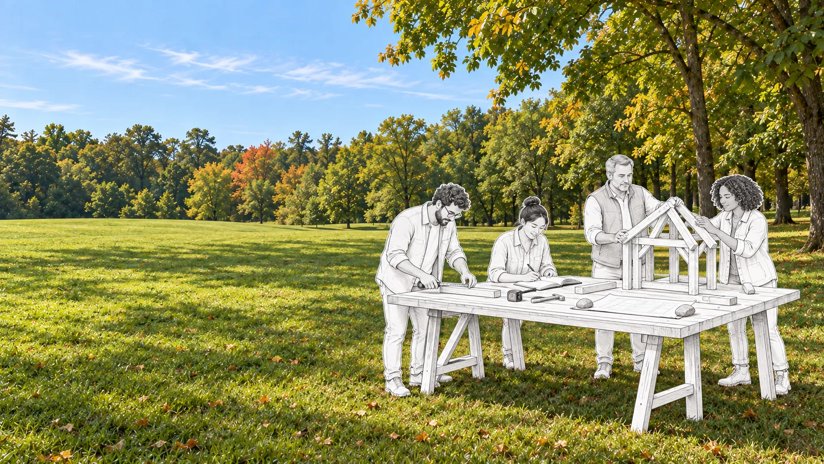Sketched figures build a small wooden frame together at an outdoor worktable; one measures while another sketches in a notebook.