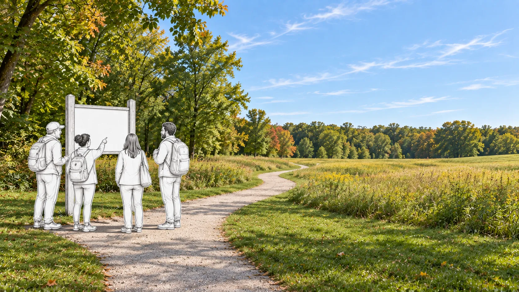 Four sketched figures with backpacks study a blank trail board at the start of a path winding into a meadow.