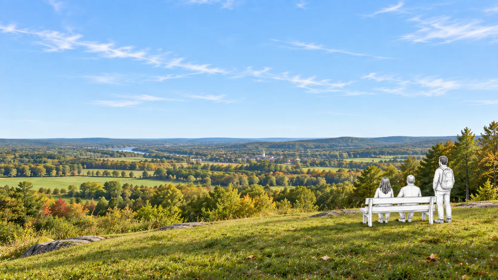 Three sketched figures rest at a bench on a hilltop overlook, looking out over a wide autumn valley.