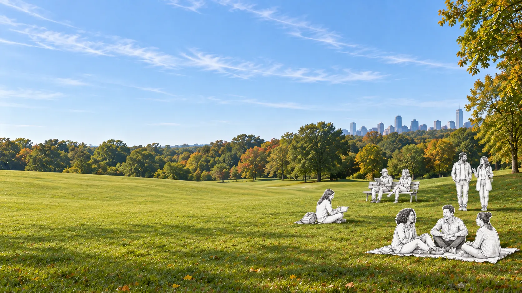 People relaxing on a wide park lawn, with a city skyline beyond the trees.